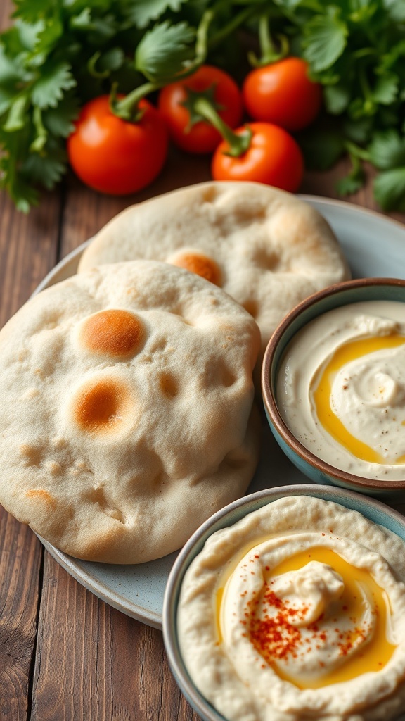Warm pita bread with hummus on a rustic table, garnished with olive oil and paprika.